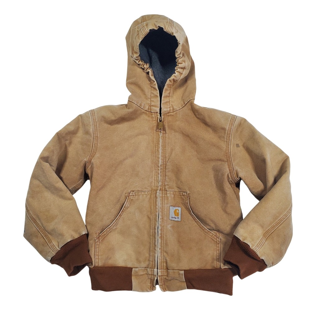 Carhartt Hooded Duck Jacket Kids Medium 8 Tan Fleece Lined Canvas YYJ158 BRN